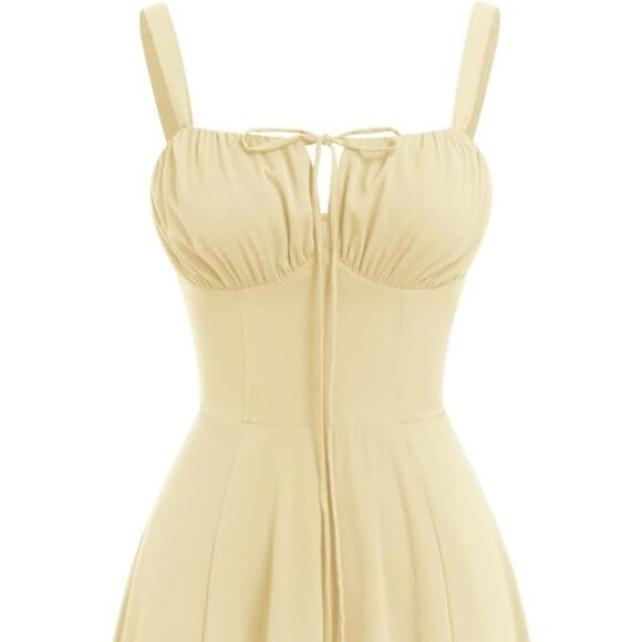 Corset Dress Boho Flowy Slit Bustier Lace Up Midi Dresses Going Out Cottagecore - Picture 7 of 8